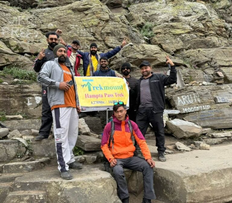 Group of trekkers holding Trekmount banner at Hampta Pass summit
