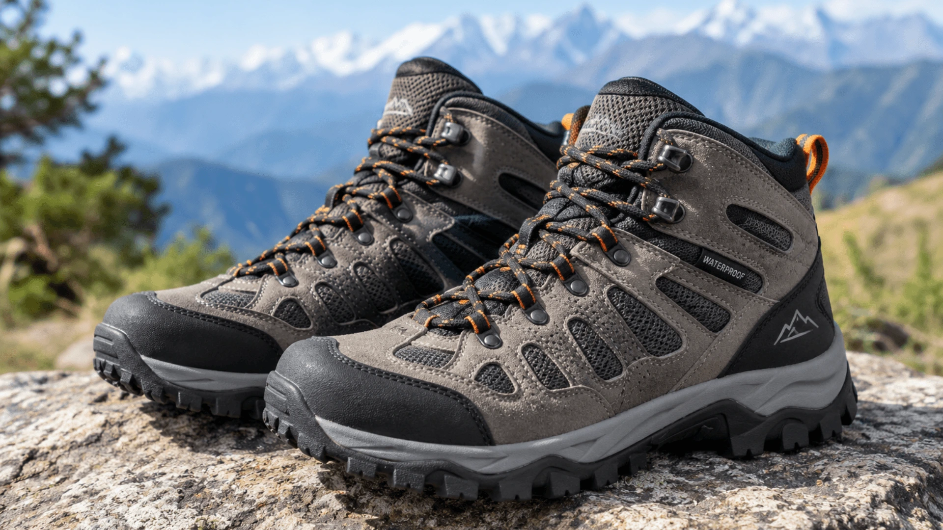 Grey waterproof trekking shoes with orange accents on a rocky surface against a Himalayan mountain backdrop.